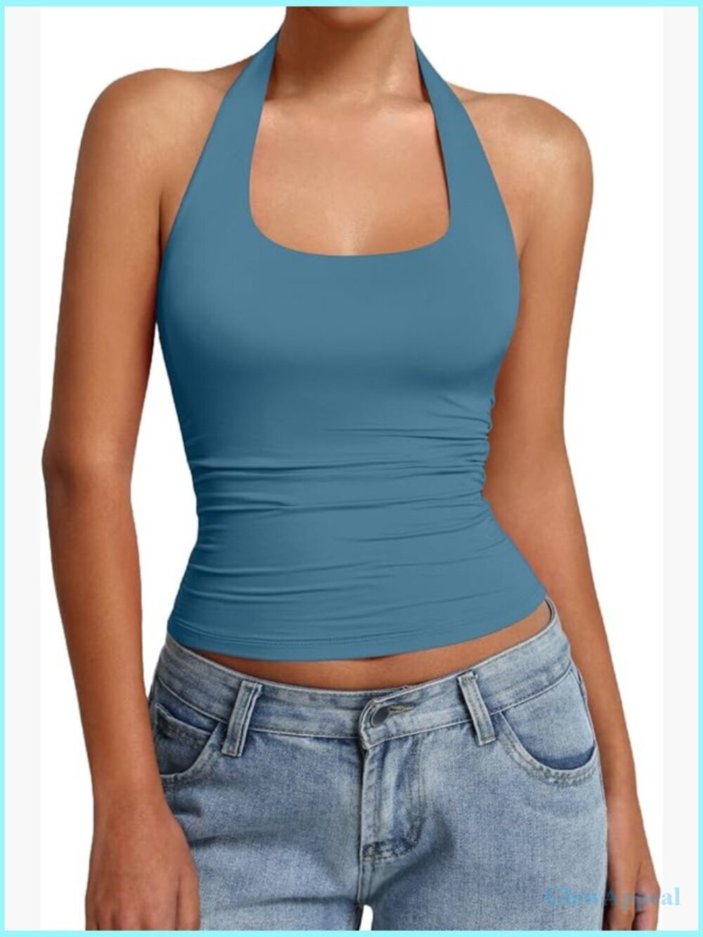 Women's Halter Tank Top Backless Ruched Fitted Double Lined Summer Top